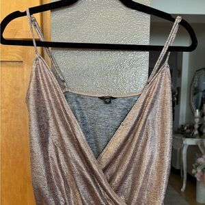 GUESS XS Metallic Rose Gold Bodysuit – Shimmer Wrap Front One Piece